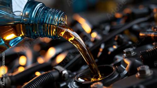 Close Up of Golden Motor Oil Pouring from Plastic Bottle into Open Automobile Engine