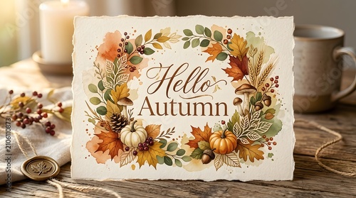 Autumn-themed greeting card with floral typography. Seasonal celebration and fall decor design.