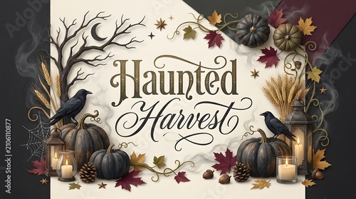 Festive Halloween Typography Design with Autumn Elements. Elegant seasonal greeting card layout with spooky motifs.