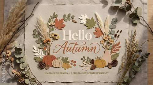 Autumn-themed greeting card with fall foliage and seasonal message. Festive holiday design for seasonal celebrations.