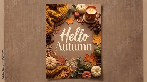 Autumn greeting card with Hello Autumn text and fall leaves. Seasonal harvest celebration design with pumpkins and foliage for Thanksgiving.