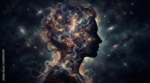 Surreal silhouette of a human head filled with swirling cosmic energy and glowing starlight.