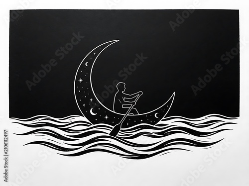 A stylized linocut illustration of a person rowing a crescent moon boat across a wavy ocean at night.