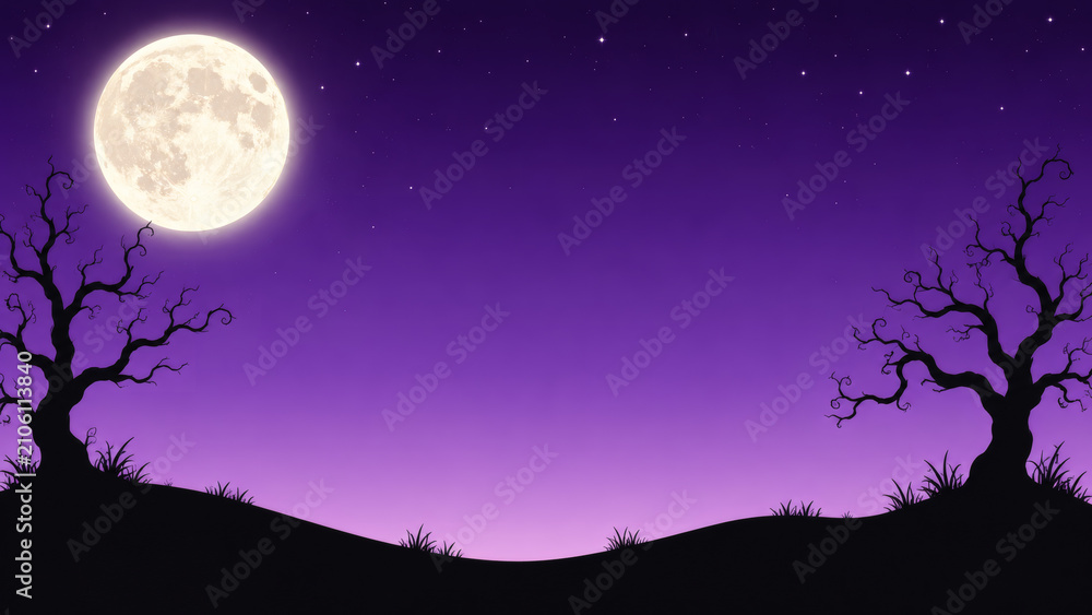 Fototapeta premium Spooky Halloween Night: A full moon illuminates a dark, star-studded purple sky above silhouetted bare trees and rolling hills, creating a mysterious and eerie atmosphere for Halloween.
