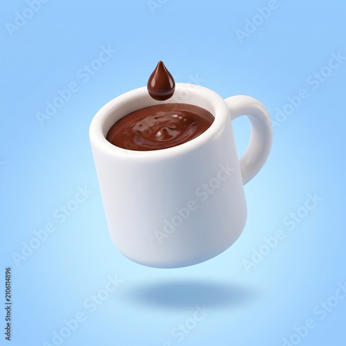 Small white ceramic mug filled with hot liquid chocolate with dripping drop chocolate beverage breakfast