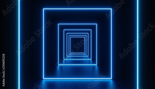 Stacked Neon Frames Tunnel Perspective High Contrast Blue Cyan Abstract 3D Background Depth Effect