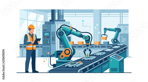 Tableau sur toile Engineer supervising robotic assembly line in modern factory.