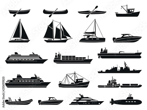 A collection of various watercraft silhouettes including ships boats and vessels.