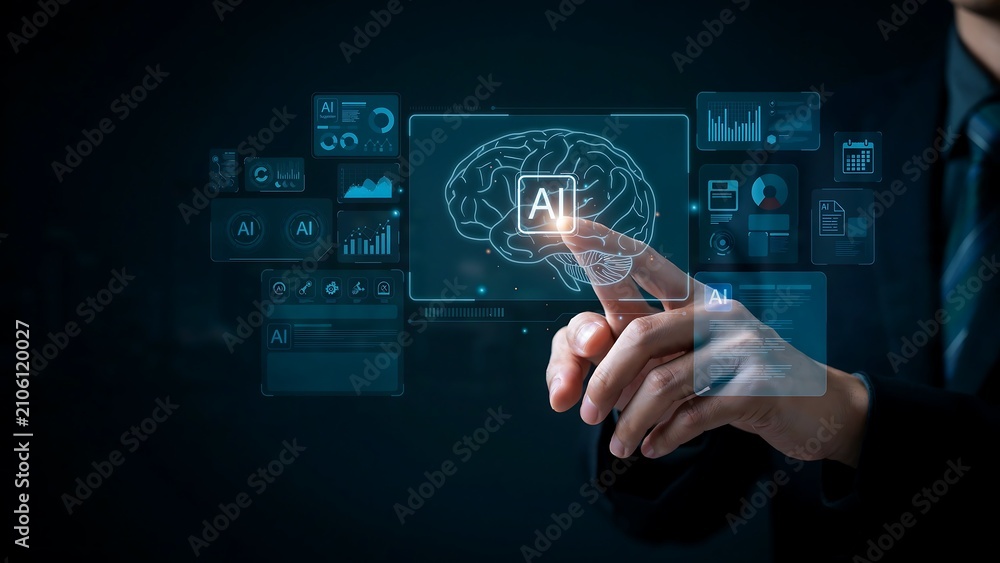 Fototapeta premium A Professional Businessman Interacting with a High-Tech Holographic Interface Representing Artificial Intelligence and Neural Network Data Analysis Processes