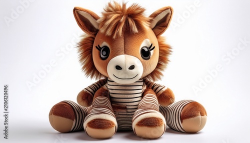 Huggable Happiness Adorable Horse Plush Doll With Stripes Stuffed Animal Toy Isolated On White Background