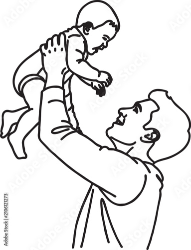 Fotografie Continuous line art depicting a loving father holding his baby aloft stylized pa