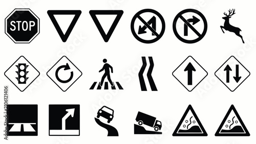 Konstfotografi Traffic signs vector icon set featuring stop yield pedestrian crossing traffic l