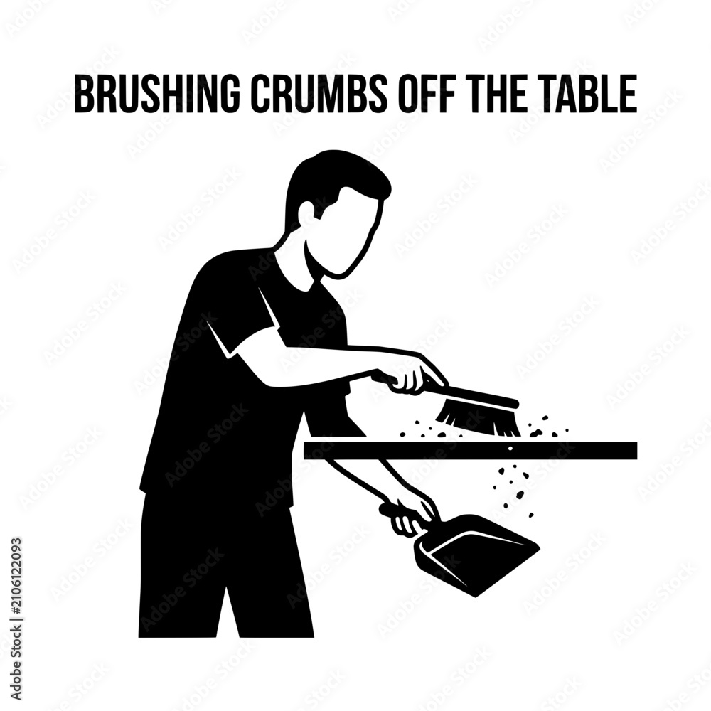 Naklejka premium Person Brushing Crumbs Off Table with Brush and Dustpan.