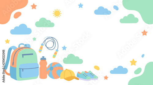 Cheerful children school supplies background featuring a backpack, jump rope, beach ball, and cap, set against a bright sky with pastel clouds and sun, ideal for educational posters and banners.