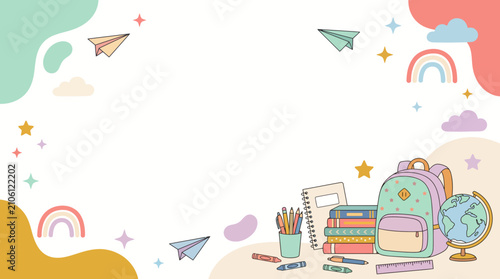 Vibrant children education theme background with geometric shapes and school stationery icons arranged in a seamless pattern ideal for educational brochures flyers and kindergarten wall decoration