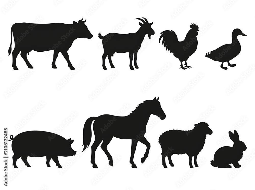 Fototapeta premium A collection of black silhouettes representing various farm animals.
