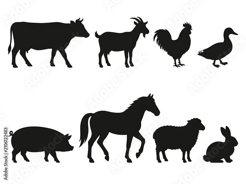 A collection of black silhouettes representing various farm animals.