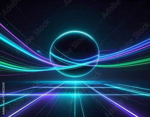 Futuristic Neon Sphere with Dynamic Light Trails and Digital Grid