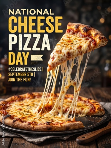 Delicious Hot Melted Mozzarella Cheesy Slice Being Lifted From A Freshly Baked Italian Style Crust Pizza On A Rustic Wooden Table Background