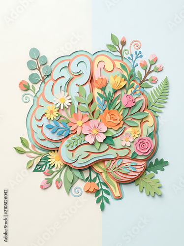 A layered paper art illustration of a human brain blooming with colorful flowers and foliage.