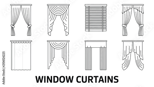 Valokuva Window Curtain Icon Set Vector – Drapes, Blinds and Modern Curtain Style Symbols