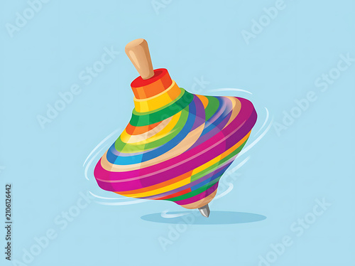 A colorful spinning top toy rotating on a light blue background.