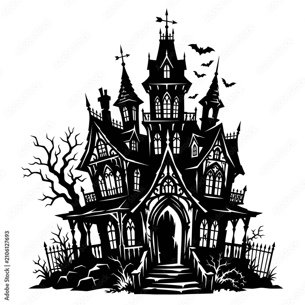 Fototapeta premium Dark spooky mansion silhouette for halloween night.