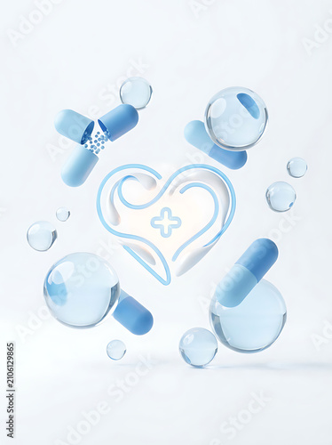 Medical heart symbol surrounded by blue capsules and floating water bubbles.