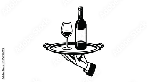 Foto Wine bottle and glass on tray.