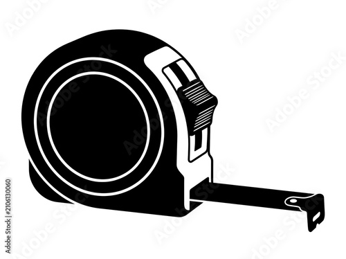 A black and white graphic illustration of a retractable metal tape measure tool.