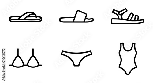 Canvas Print Minimalist summer beachwear icon set, line art swimwear and sandals vector illus