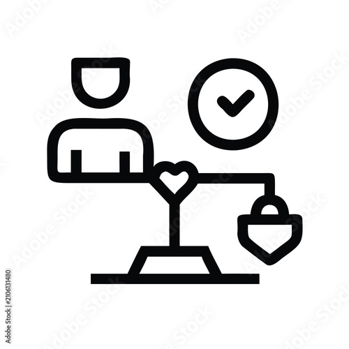 Person verifying secure transaction with heart and shield icons - Illustration of a person holding a checkmark symbol with heart and shield icons representing trust and security in transactions.
