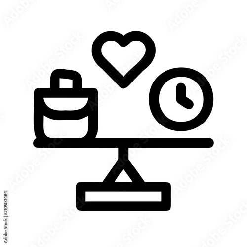 Balanced scale with medicine, heart, and clock icon - Minimalist black and white vector icon showing balance scale with pill bottle, heart, and clock symbols.
