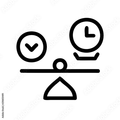 Balanced clock and checkmark icon on scale - Minimalist vector icon showing a clock and checkmark balanced on a scale, symbolizing time management and success.