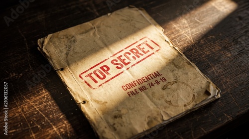 Top Secret Folder: A worn and aged document folder stamped with TOP SECRET and CONFIDENTIAL sits on a rustic wooden surface, illuminated by a dramatic ray of light.