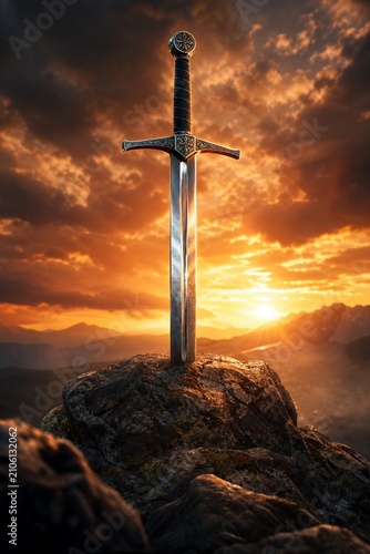 Knight's longsword thrust into craggy rock, dramatic sunset backlight, heroic.