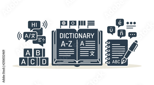 Foto Language learning and translation icon set with dictionary and vocabulary