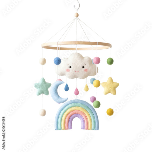 Felt baby mobile with rainbow and clouds. Nursery decor hanging ornament for crib.