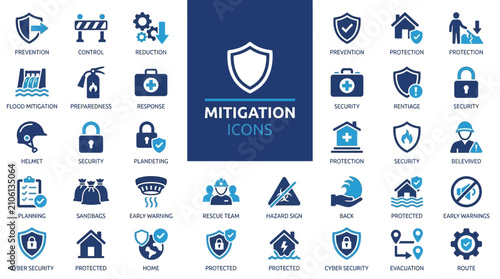 Comprehensive set of 100 mitigation line icons featuring risk reduction, disaster prevention, safety management, hazard control, security measures, and strategic protection symbols.