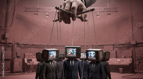 Giant hand manipulating people with television heads in industrial room