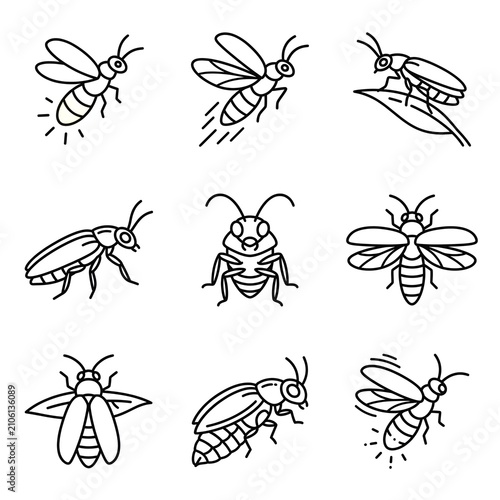 Set of simple line firefly icons
