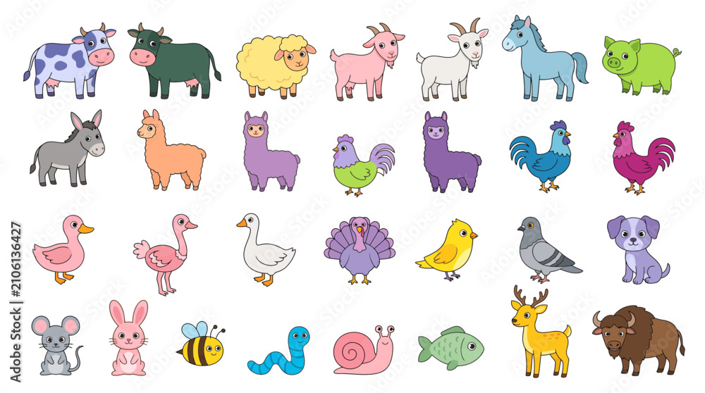 Fototapeta premium Large set of cute colorful cartoon farm and wild animals stickers isolated on white background, illustrating educational learning tools for kids or children's book design projects