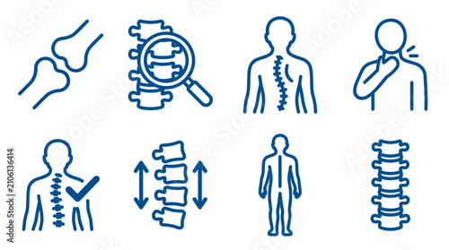 Blue line orthopedic icon set featuring spinal column, human bone joints, scoliosis and medical checkup symbols, illustrating healthcare services and representing chiropractic treatment