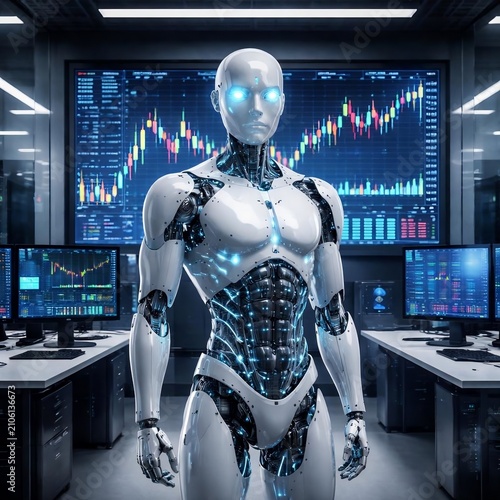  AI Robot Analyzing Stock Market Financial Trading Data on Screen