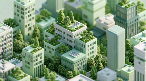 Futuristic Urban Architecture with Green Rooftops and White Buildings in Eco City Concept