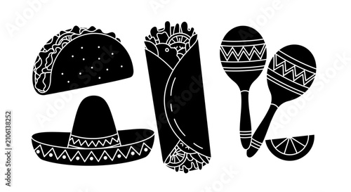 Silhouette of mexican food items including taco burrito maracas and lime slice in black with musical instruments with white silhouette traditional