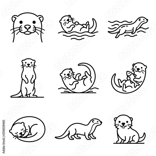Set of cute otter icons in simple line art style