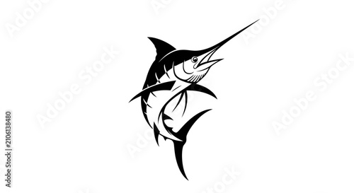 Quadro em tela Stylized black and white illustration of a marlin fish with sharp fins and elong