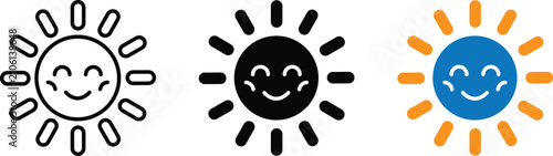 Fotografie Happy sun weather symbols in outline solid and color vector formats