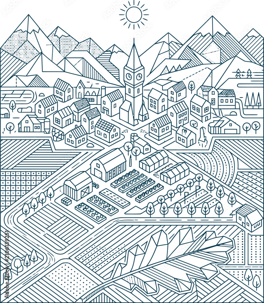 Fototapeta premium Isometric eco-friendly smart city with sustainable infrastructure. Futuristic urban landscape featuring renewable energy, green buildings, and mode...